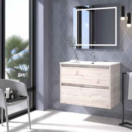 MUEBLE DE BAÑO SUSPENDIDO ETNA 60cm. DE 2 CAJONES + LAVABO + ESPEJO LED 