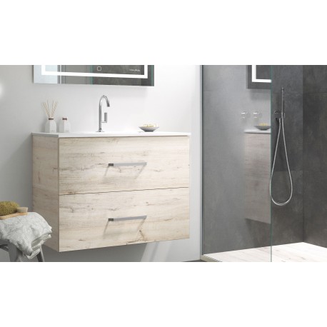 BATHROOM HUNG FURNITURE WITH TWO DRAWERS AND HEATED BACKLIT LED MIRROR, 60CM